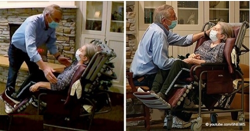 Senioren Paar umarmt sich zum ersten Mal seit einem Jahr